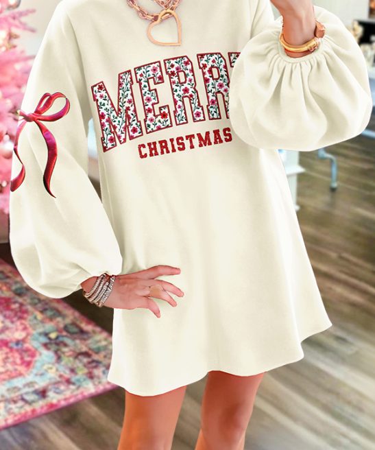 Floral Merry Christmas Bow Puff Sleeve Dress