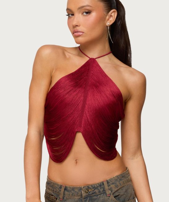 Women's Halter Fringe Cross Back Top