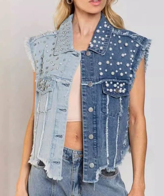 Fashionable Contrasting Pearl Raw-Edge Denim Vest