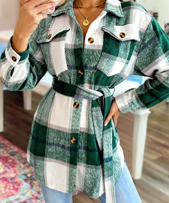 Classic Plaid Faux Wool Belted Long Jacket