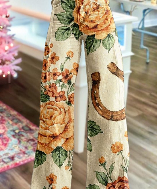 Retro Floral Horseshoe Wide Leg Pants
