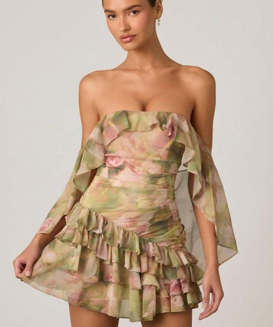 Off-the-Shoulder Ruffled Mini Dress with Multicolor Floral Print