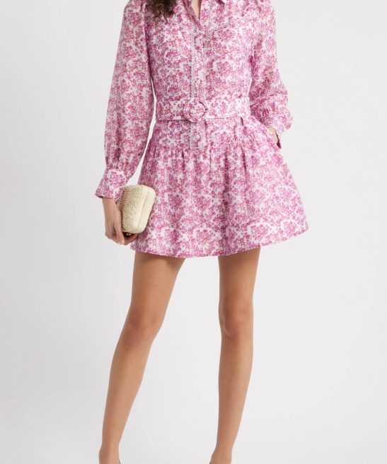 Lace Trim Belted Long Sleeve Mini Shirtdress